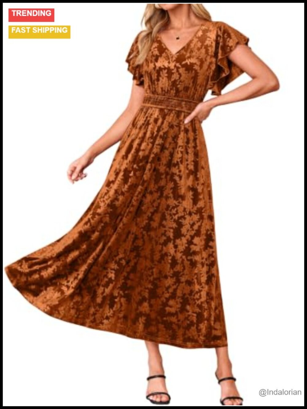 Velvet Floral Maxi Dress Flutter Sleeve Smocked Waist Formal Wedding Guest